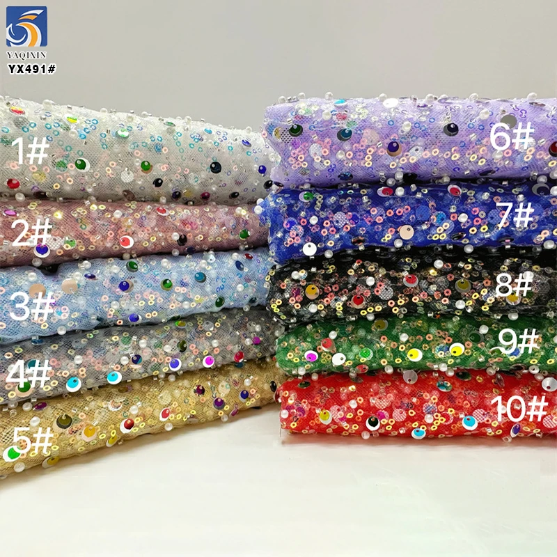 YX491 Wholesale Sequin Embroidery Beads Pearls Lace Fabric 2025 Sequined Lace Mesh Fabric - 图片 2