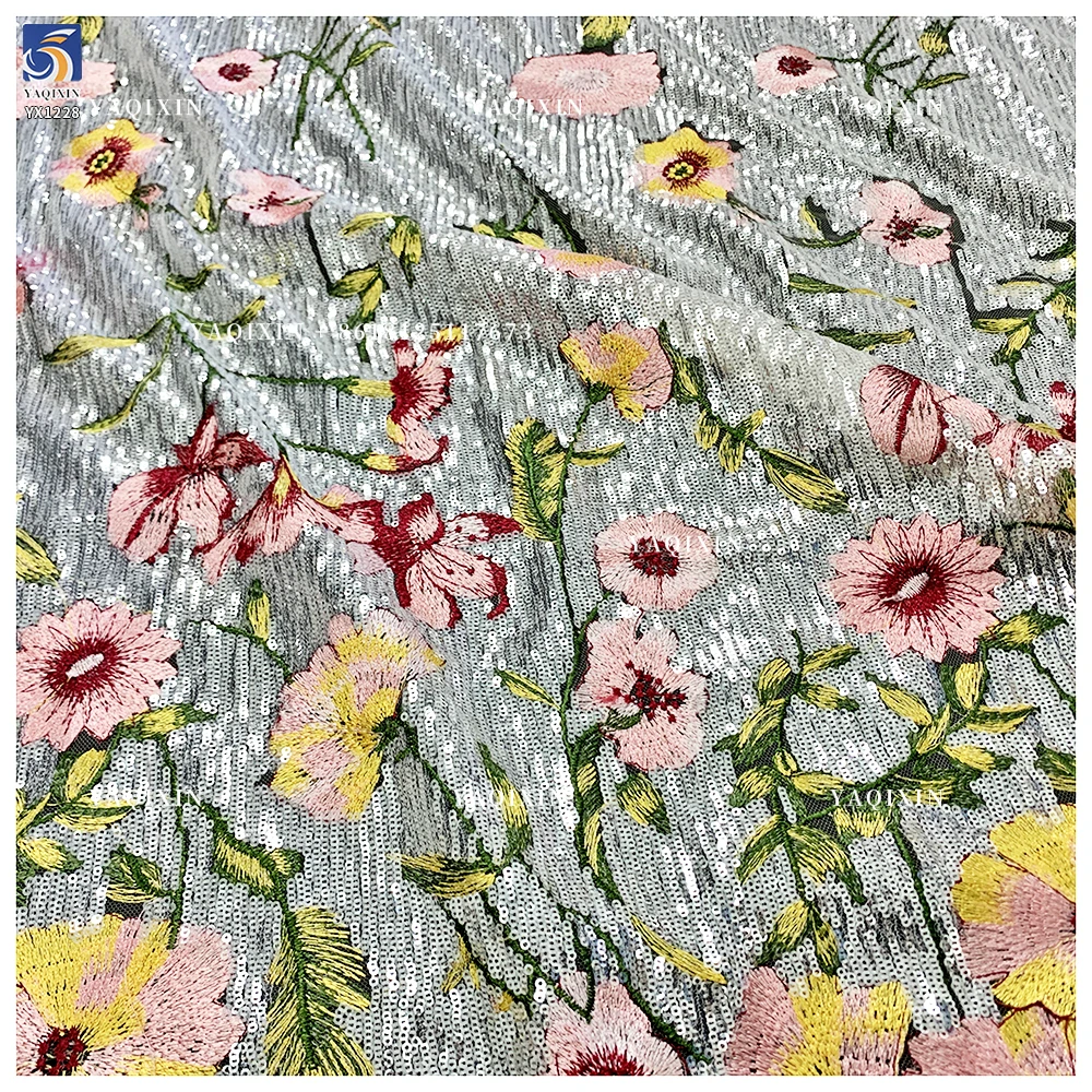 YX1228 Hot-Selling Popular Heavy-Duty Floral Embroidery Heavy Sequins Fabrics Sequin Dress Fabric for Fashion Clothing/Gown - 图片 5