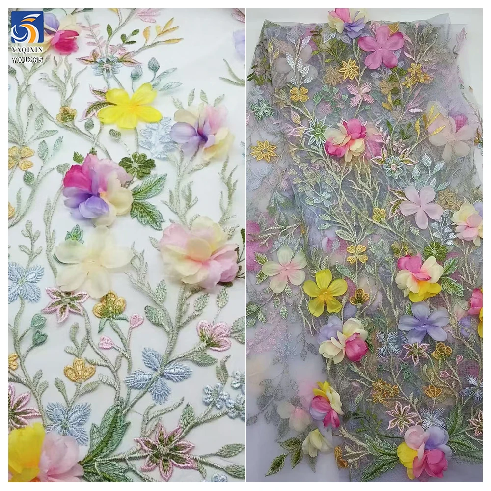 YX1265 Competitive Prices Embroidered Textile Tulle Fabrics Poly Multi-Color Candy Hand Embroidery 3D Flower Dress Fabric - 图片 5