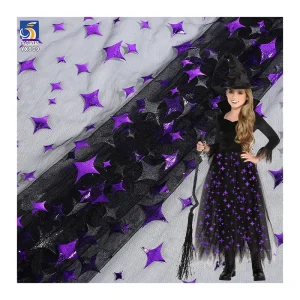 YX909 Mysterious Four-Pointed Star Mesh Fabric 100% Polyester Knitted Purple Stars Foil Printed Halloween Fabric