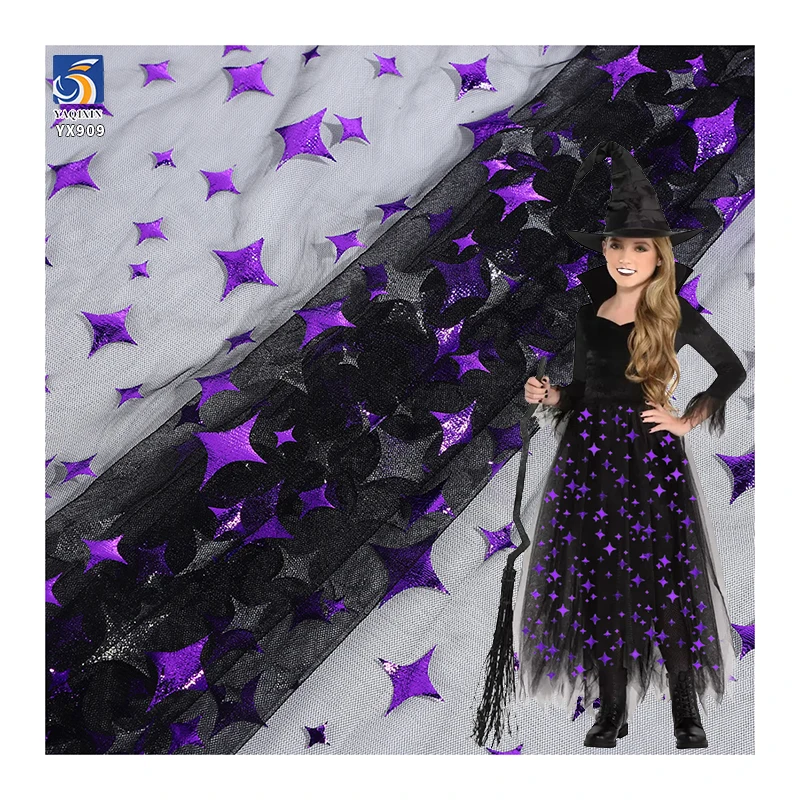 YX909 Mysterious Four-Pointed Star Mesh Fabric 100% Polyester Knitted Purple Stars Foil Printed Halloween Fabric