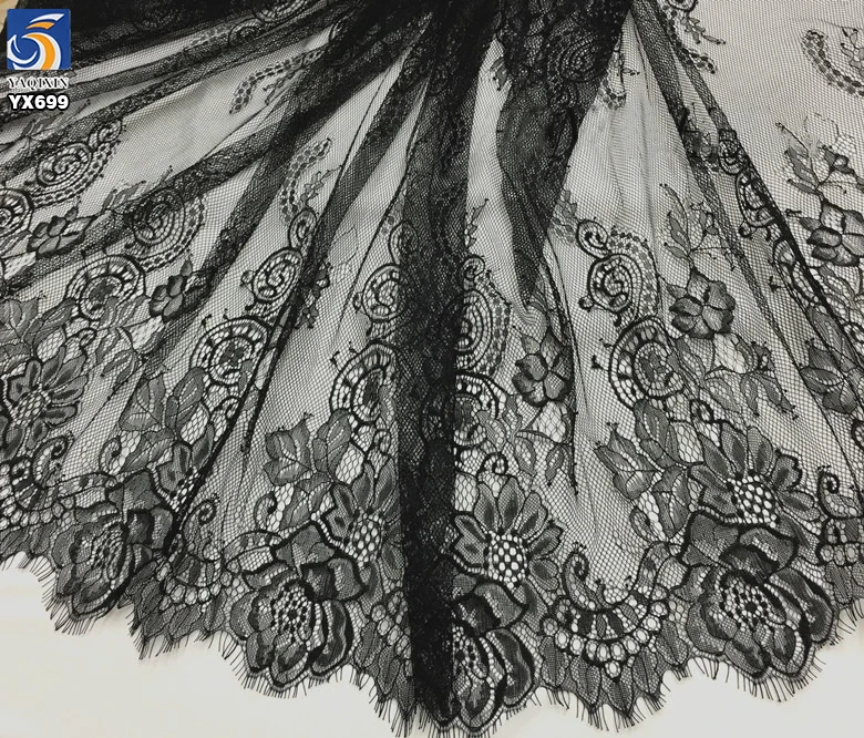 YX699 65CM*300CM Black Transparent Polyester Sexy Eyelash Lace Fabric Embroidery Eyelash Lace Fabric for Underwear Skirt - 图片 4