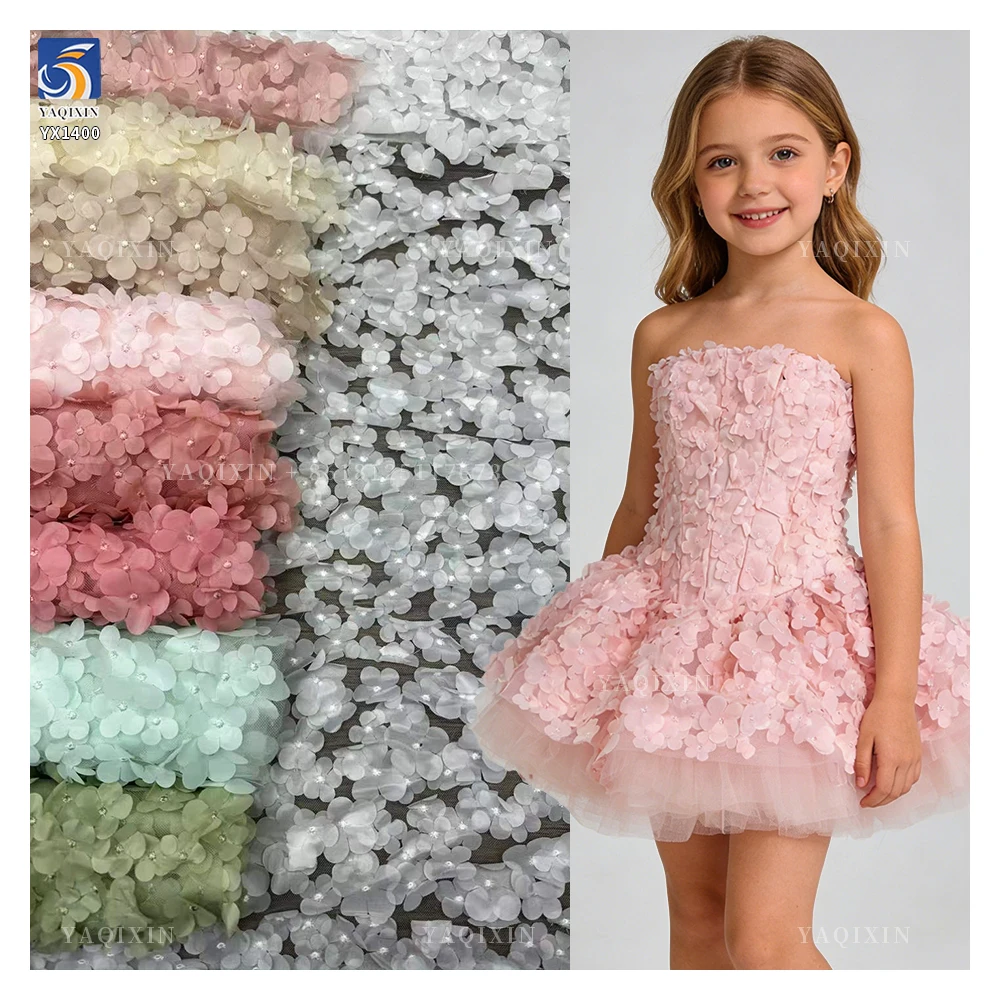 YX1400 New Fashion Trends Pink/White Embroidered Mesh 3D Flowers Fabric Tutu Ballet Skirt Girl Tulle Fabric 2026