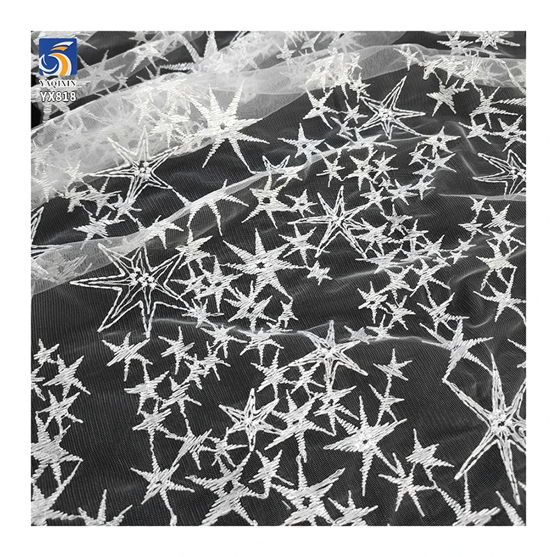 YX819 Popular Silver White Polyester Knitted Tulle Embroidered Star Fabric for Dresses Lace Home Textiles Clothing Stars - 图片 4
