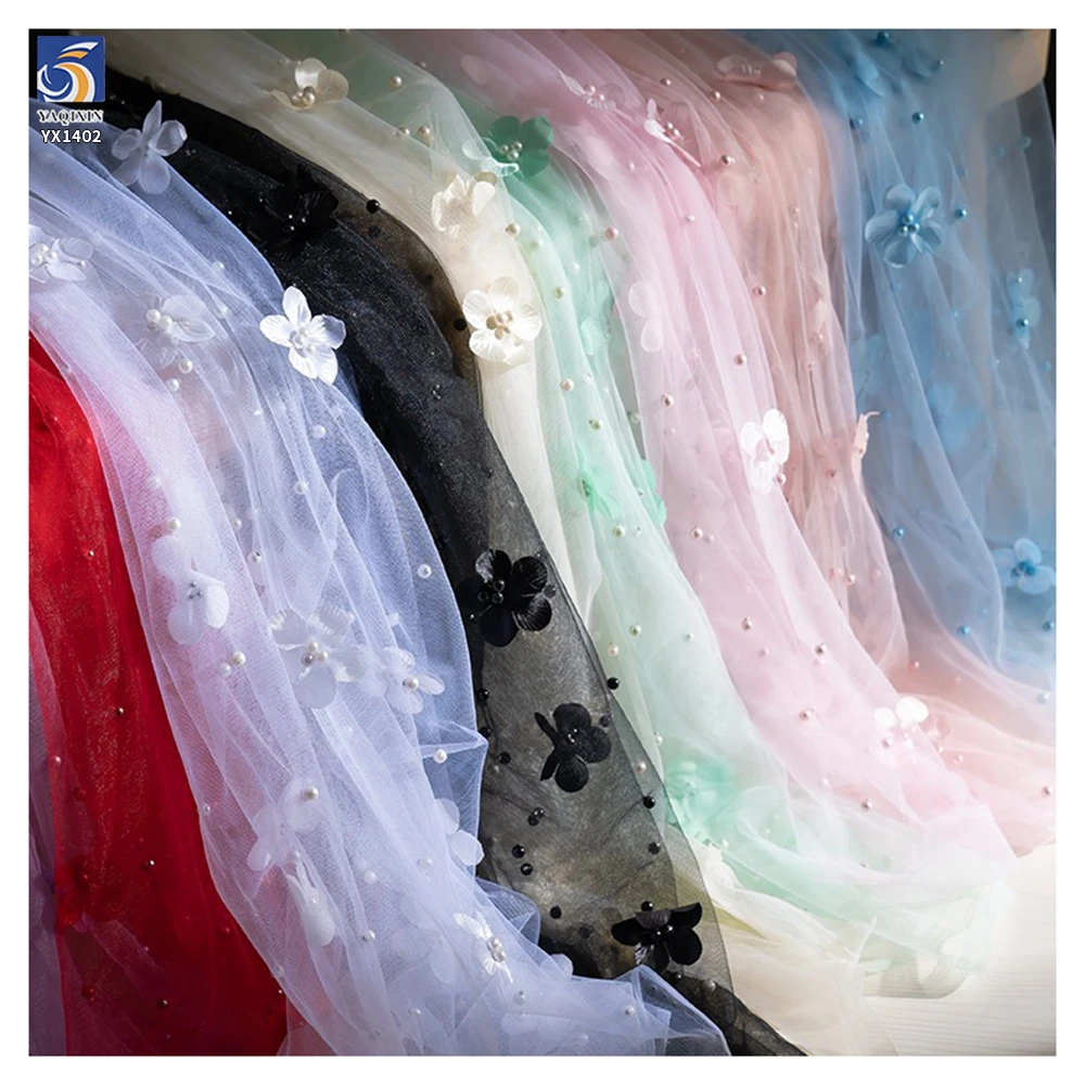 YX1402 Competitive Prices 3D Floral Pearls Tulle Skirt Fabric for Girls' Beautiful 2026 Embroidered 3D Mesh Fabric - 图片 4