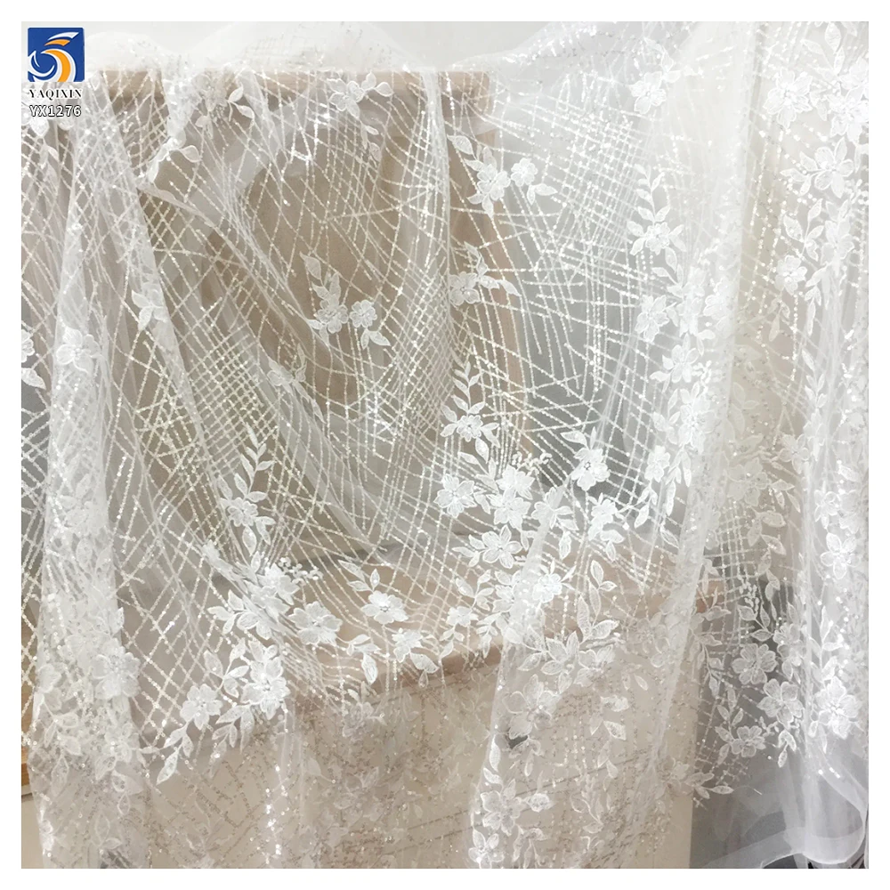 YX1276 5 Yards DE LACE Striped Cross Embroidered Sequin Lace Fabric Floral Embroidery White Bridal Lace Fabric - 图片 3