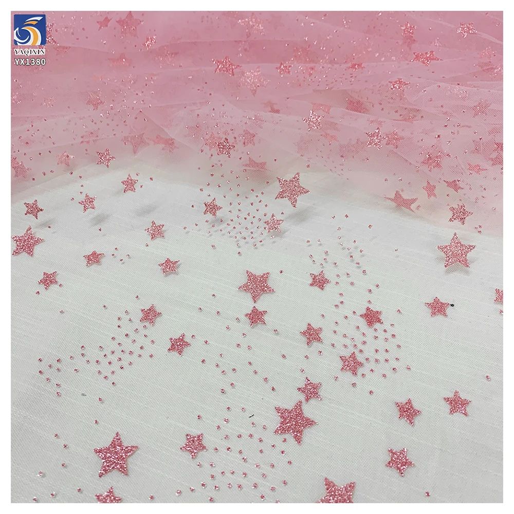 YX1380 Popular 2026 Style Pink Glitter Tulle Fabric by the Yard Knit Glitter Stars Mesh Tulle Fabric for Girls Dress - 图片 4