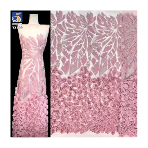 YX901 High Quality Pink Mesh 3D Flowers Lace Handmade Beads French Lace Sequin Fabric 3D Lace Fabrics for Dresses