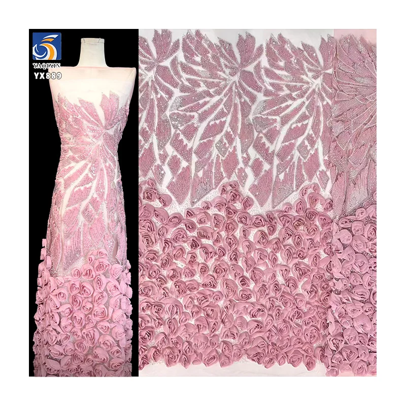 YX901 High Quality Pink Mesh 3D Flowers Lace Handmade Beads French Lace Sequin Fabric 3D Lace Fabrics for Dresses