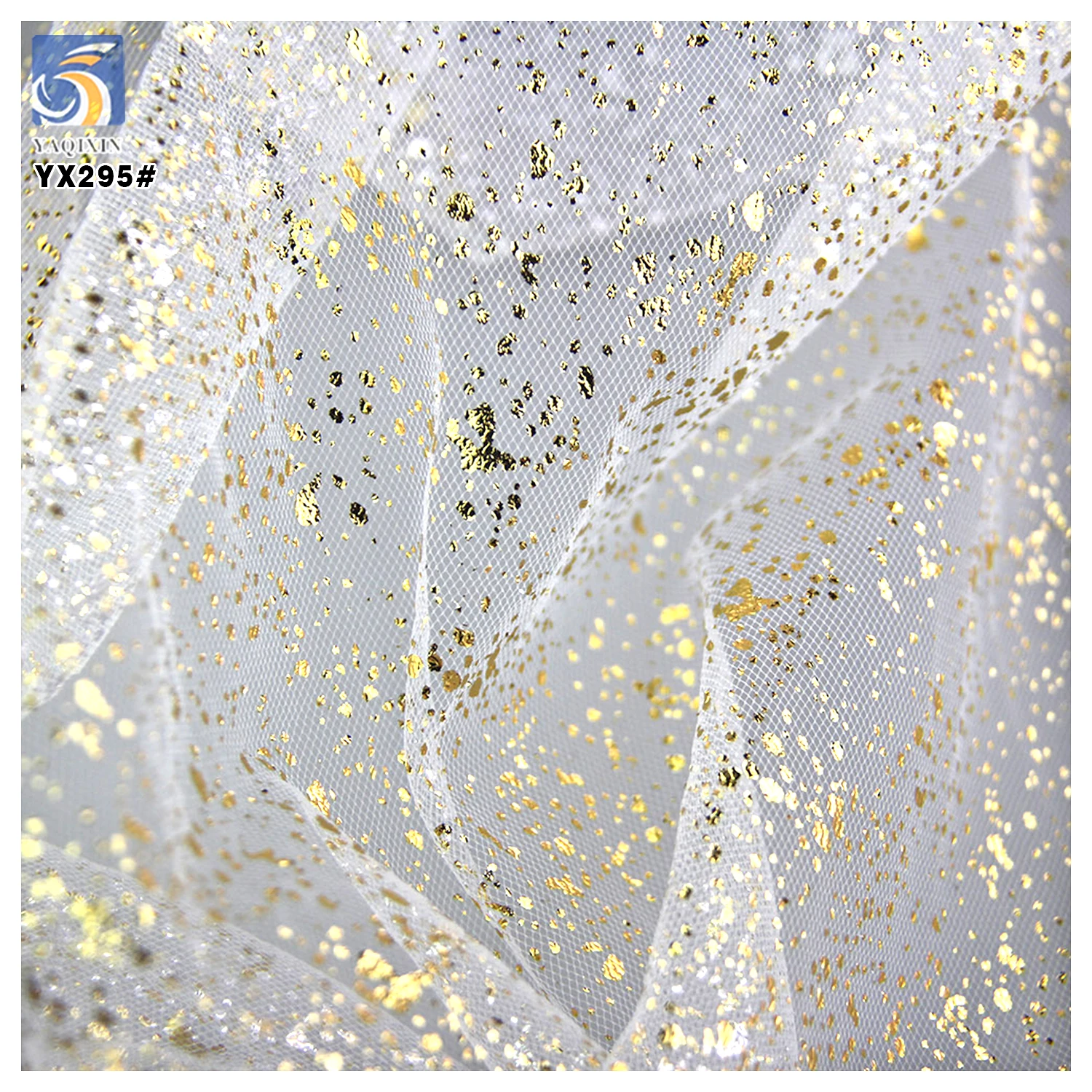 YX295 American New Arrivals 100% Polyester Film Printed Black Tulle Fabrics With Gold Iridescent Splatter - 图片 5