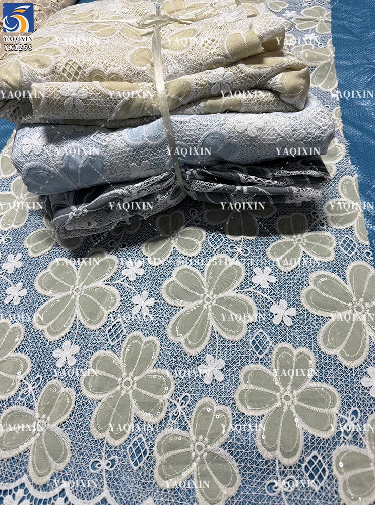YX1258 2026 150gsm Hollow-Out Single-Sided Embroidery Fabric Chiffon White Water-Soluble Two-Color Embroidery Lace Fabric - 图片 2