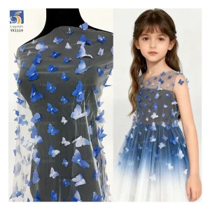 YX1129 Embroidered Tulle Blue and White Gradient Butterflies 3D Tulle Mesh Fabric 2 Yards Latest 2026 Butterfly 3D Mesh Fabric