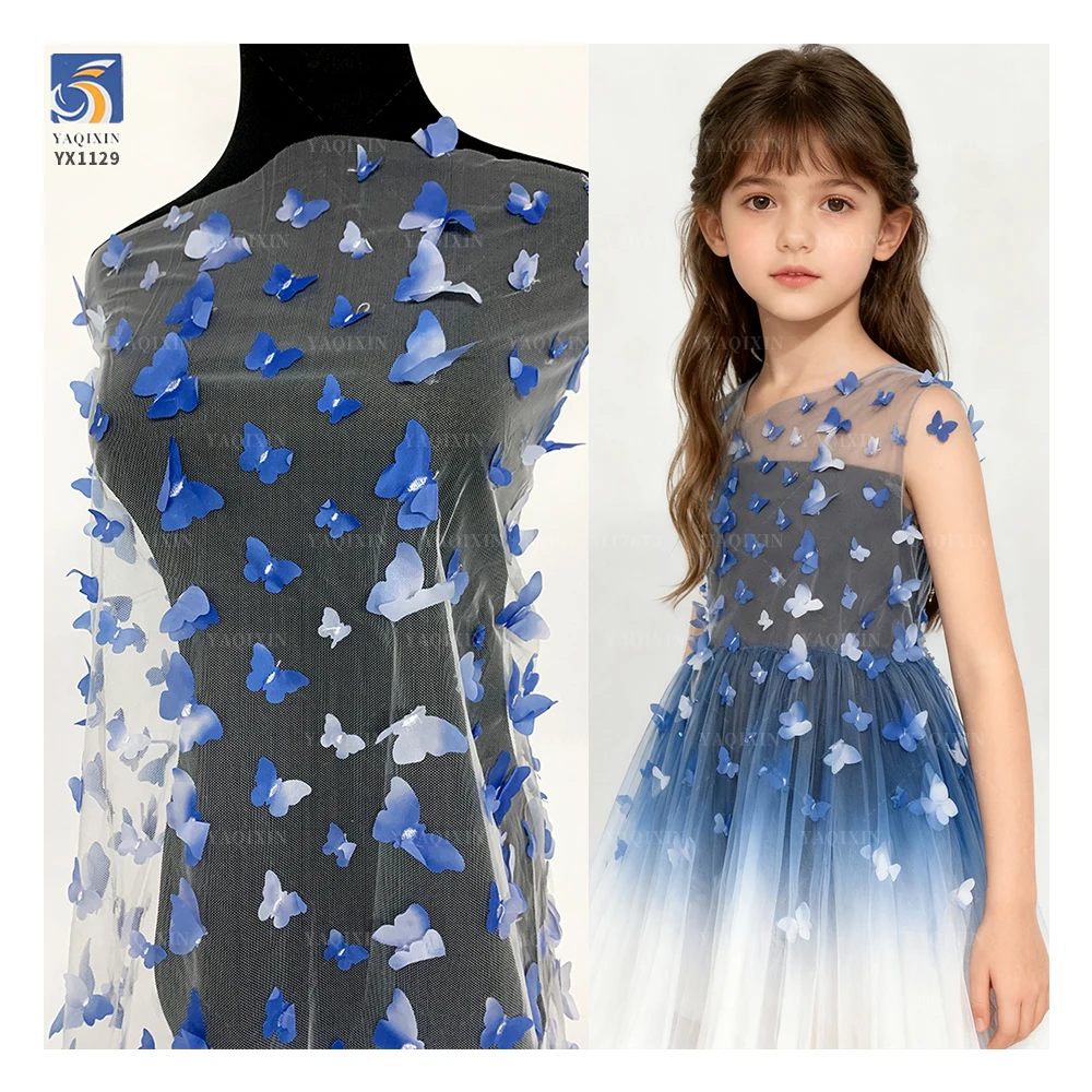 YX1129 Embroidered Tulle Blue and White Gradient Butterflies 3D Tulle Mesh Fabric 2 Yards Latest 2026 Butterfly 3D Mesh Fabric