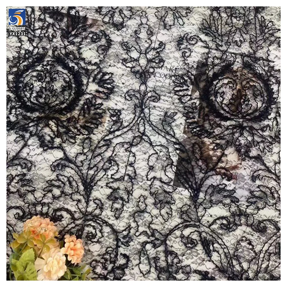 YX1231 Cheap Brushed Tassel Wool Embroidered Mesh Lace Fabric With Sequins Custom Embroidery Clothing Mesh Fabric - 图片 3