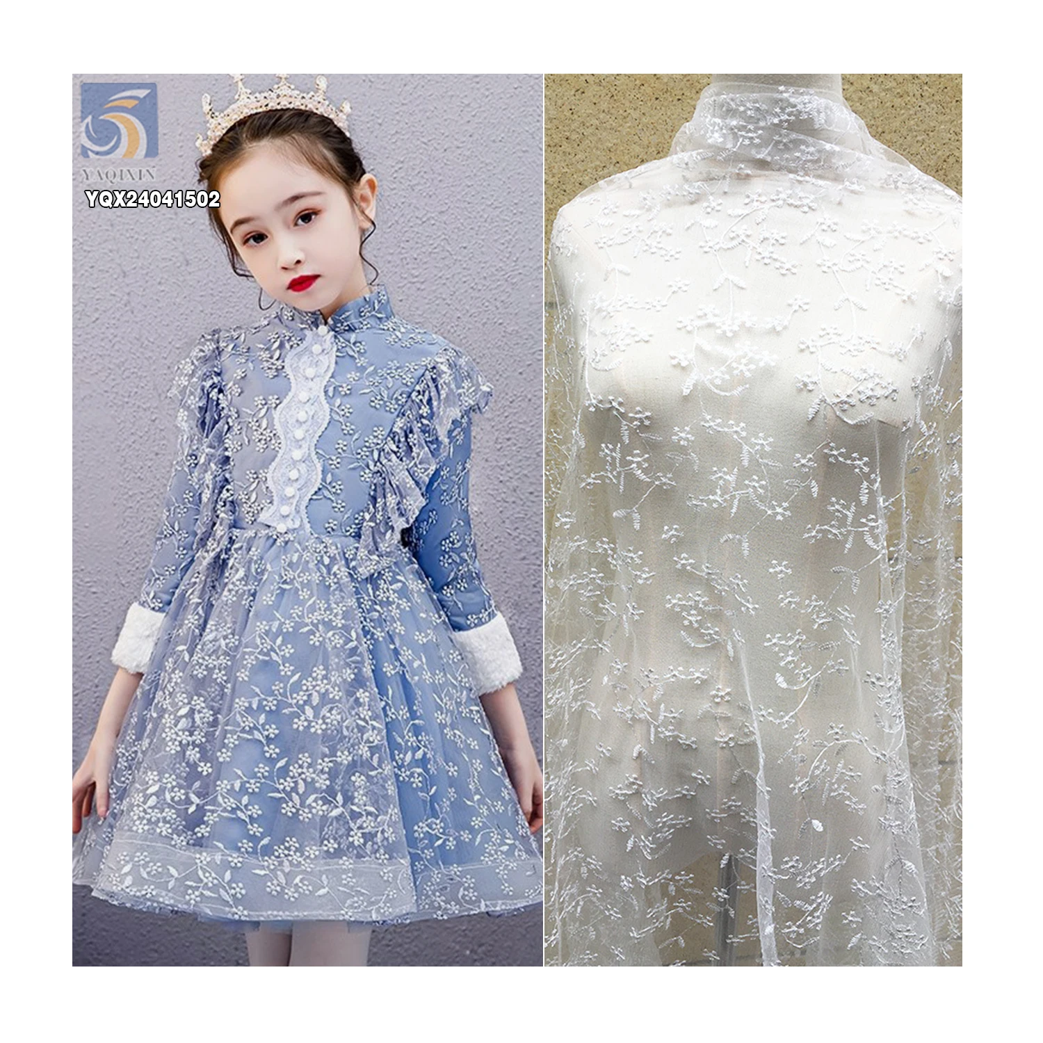 Chinese Rice Valley Pattern Soft Embroidered Mesh Lace Fabric With Custom Embroidery Apparel Fabric by the Yards