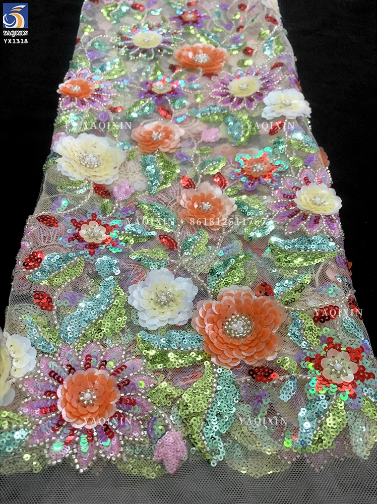YX1318 Green Colorful Flowers Sequins Heavy Embroidery Mesh Lace Fabric Textiles Lace Fabric Hawaiian Summer Style Lace Dress - 图片 2