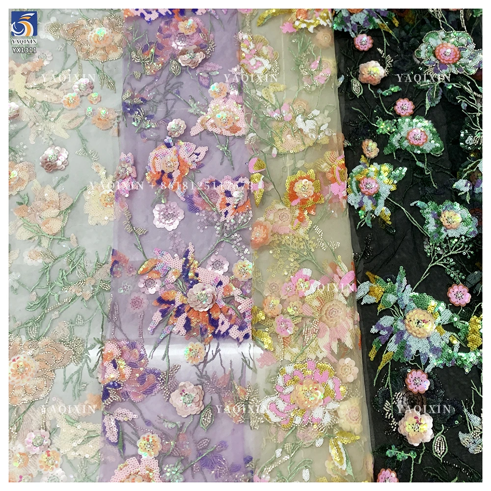 YX1311 Heavy Embroidery Pearls Sequins Lace Fabric Flowers Handmade Embroidered Lace Fabric Most Popular in Chinese 2026 - 图片 3
