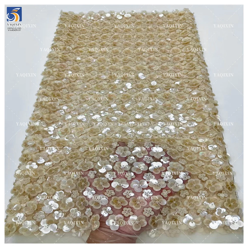YX1147 Woman Gold Dress 2026 Embroidery 500gsm Polyester 3D Florals Sequin Rose Gold Mesh Sequin Embroidered Fabric - 图片 2