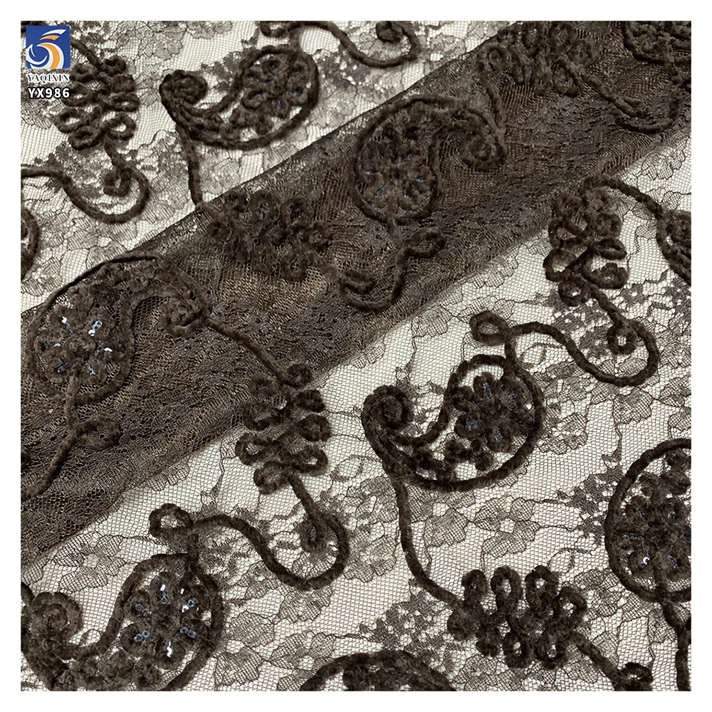 YX986 New Type Design Chenille Cashew Pattern Paisley Lace Fabric With Sequin Embroidered Mesh Chantilly Paisley Lace Fabrics - 图片 5