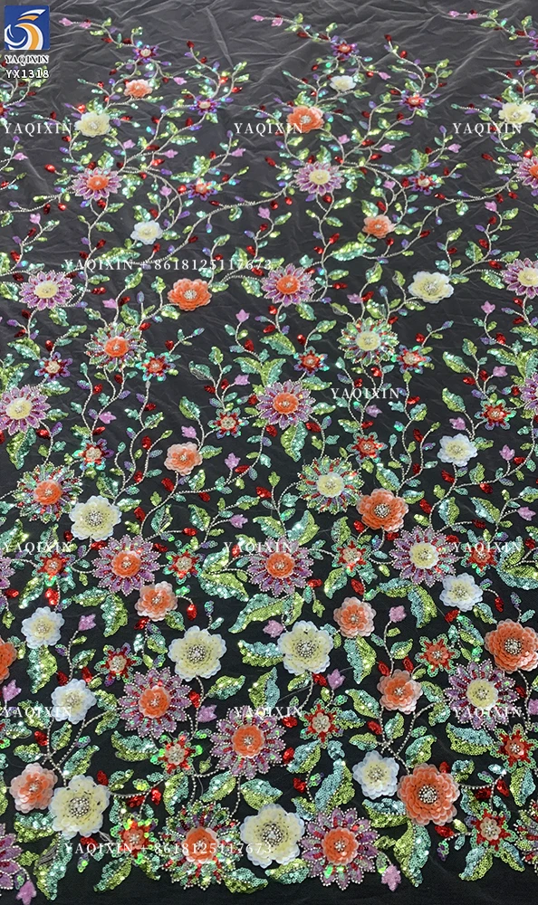 YX1318 Green Colorful Flowers Sequins Heavy Embroidery Mesh Lace Fabric Textiles Lace Fabric Hawaiian Summer Style Lace Dress - 图片 5