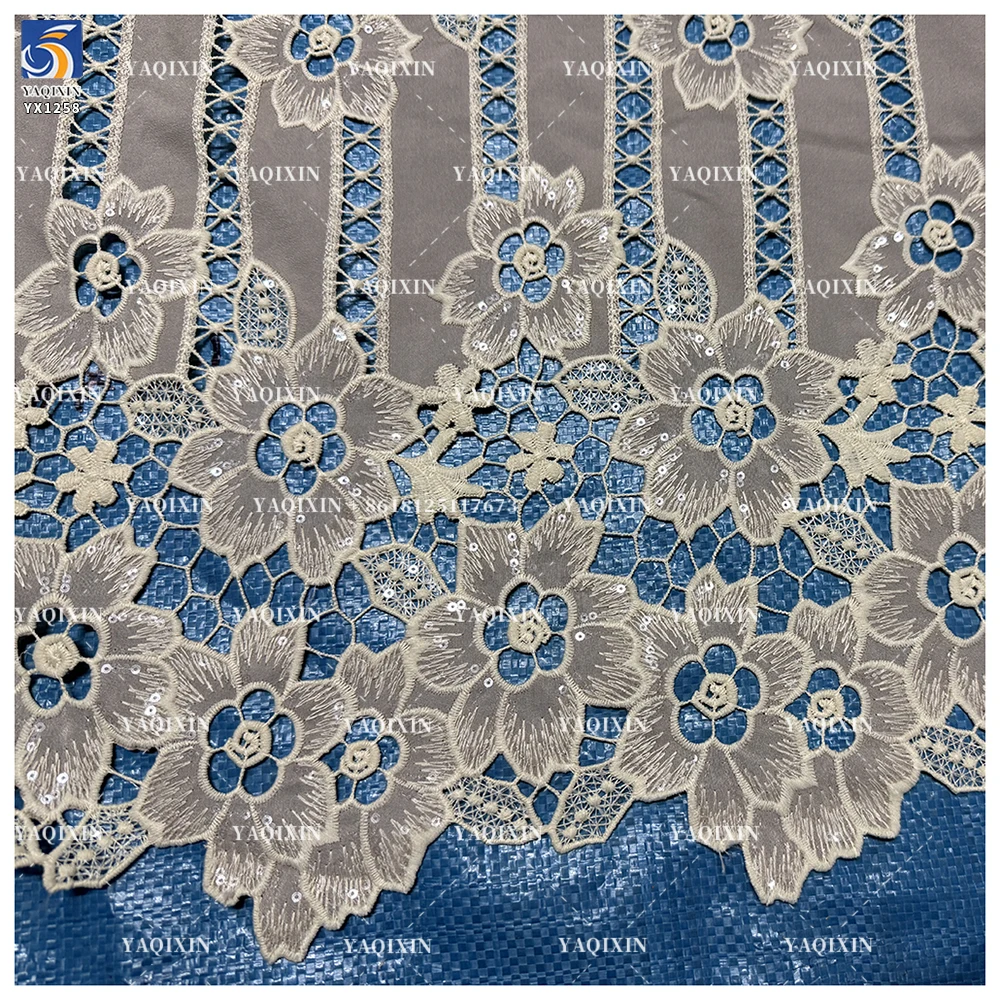 YX1258 2026 150gsm Hollow-Out Single-Sided Embroidery Fabric Chiffon White Water-Soluble Two-Color Embroidery Lace Fabric - 图片 6