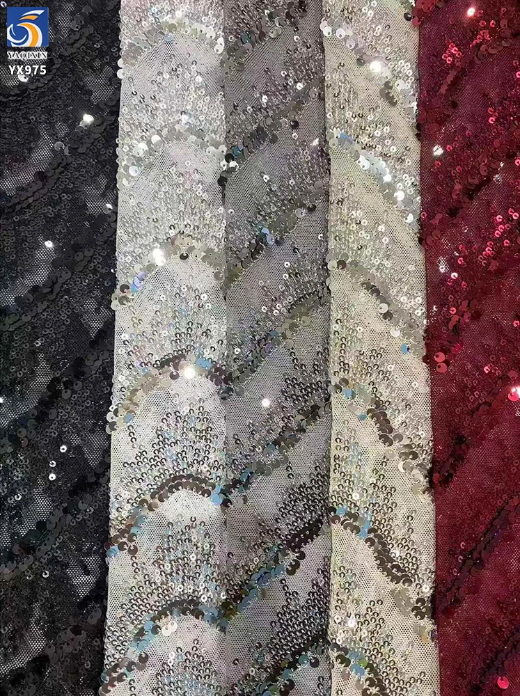 YX975 350gsm Heavyweight Wave Designs Embroidered Mesh Lace Sequin Fabric by the Yard Evening Gown Sequin Knit Fabric - 图片 5