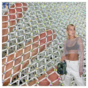 YX1194 2026 New Hot 3D Colored Brilliant Diamonds Stones Stretch Net Mesh Fabric Wholesale by Roll for Dance Skirt