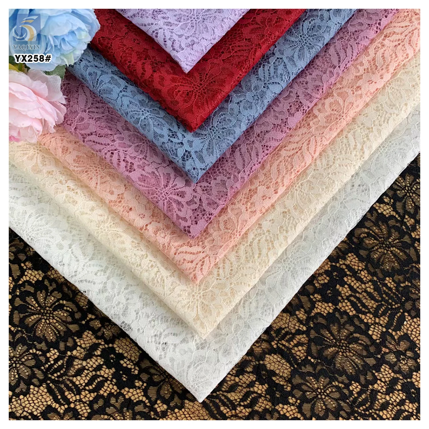 YX258 Latest Soft Polyester Material Dark Purple Lace Fabric 5 Yard Flowers Embroidery Chantilly Lace Fabric - 图片 3