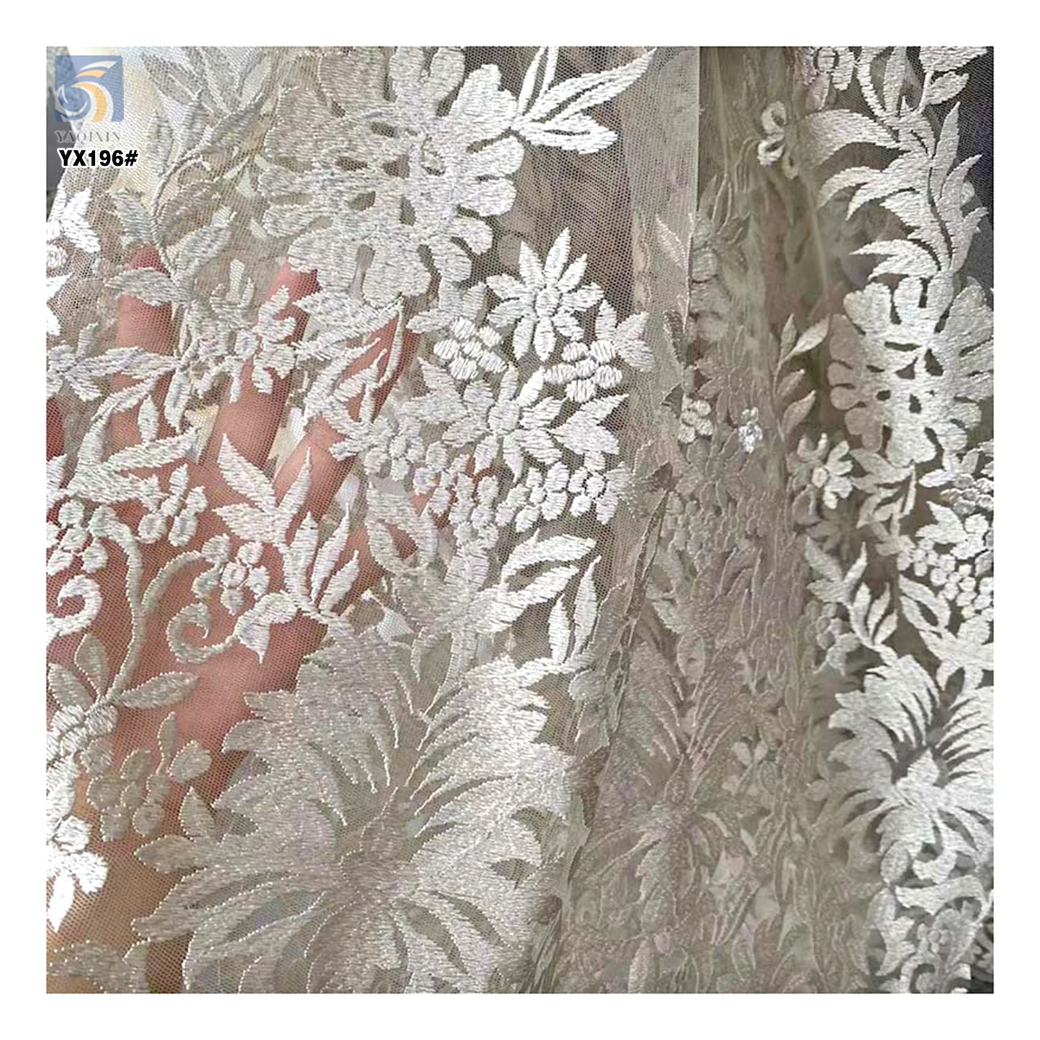 YX196 Hot Full Width Embroidery Tulle Lace Fabric for Women Skirt Heavy Handmade Embroidery Thick Lace Fabric - 图片 5