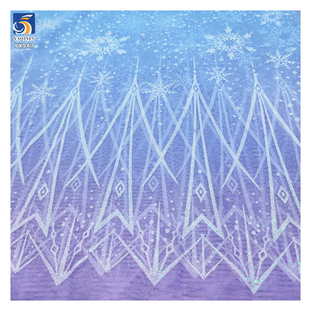YX947 New Arrivals Polyester Gradient Mesh Fabric With Snowflake and Ice Printed Frozen Princess Dress Cartoon Tulle Fabrics - 图片 3