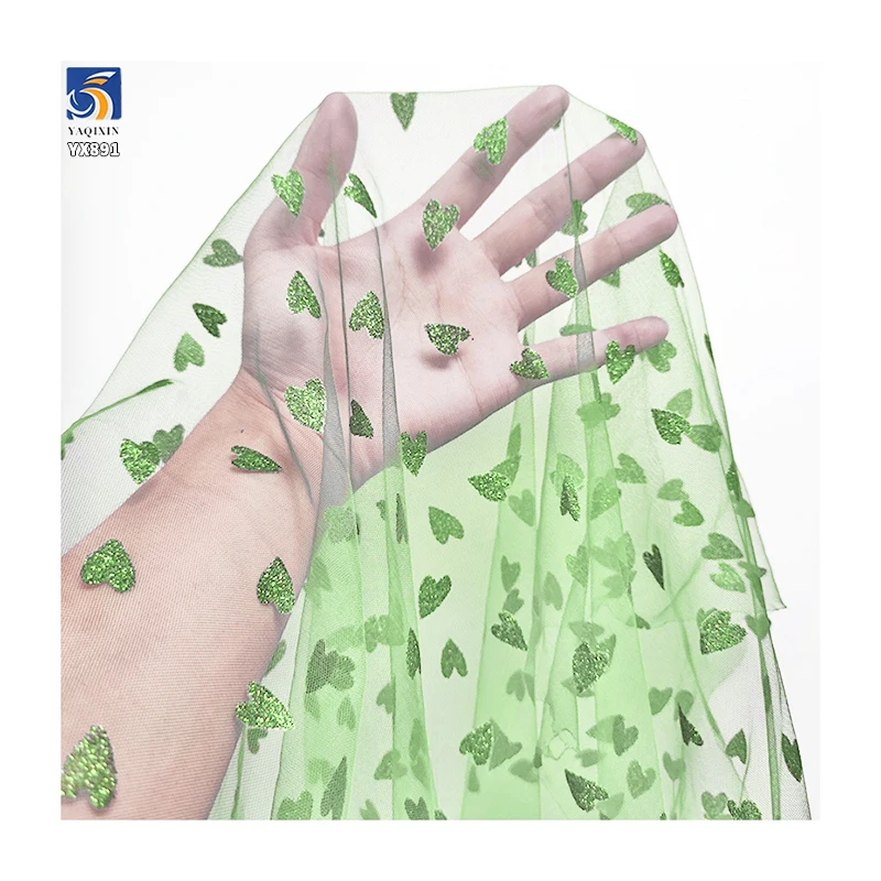 YX891 Valentine's Day Children's Day Fabrics Knit 100% Polyester Glitter Green Heart Tulle Mesh Fabric for Girls Short Skirt