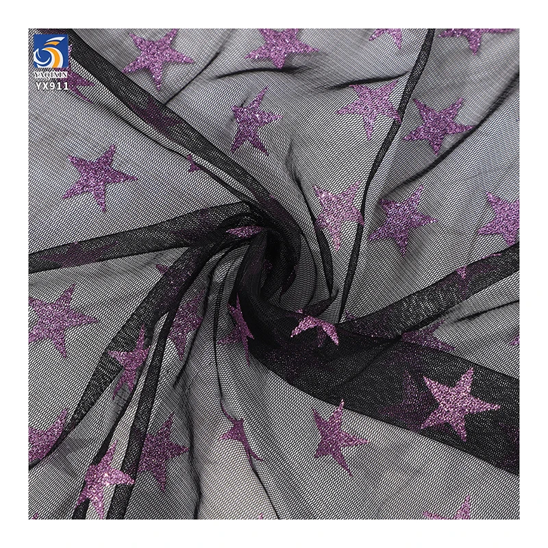 YX911 2026 Festive Halloween Purple Five-Pointed Star Halloween Stretch Mesh Fabric Black Stretch Tulle Fabric With Purple Stars - 图片 4