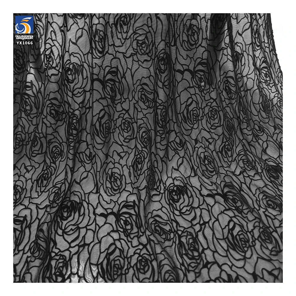 YX1066 Nylon/Spandex Elastic Mesh Women's Underwear Fabric Flocking Black Rose Flower 4 Way Stretch Flocked Tulle Fabric - 图片 2