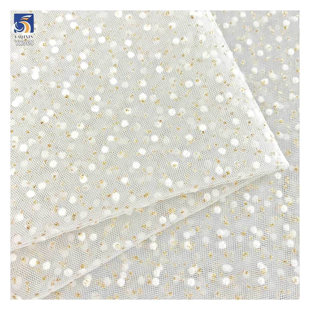 YX968 2026 Apparel Mesh Dress Bridal Veil Wedding Flocked Tulle Mesh Fabric White With Small 3mm Polka Dots Gold Glitter - 图片 5