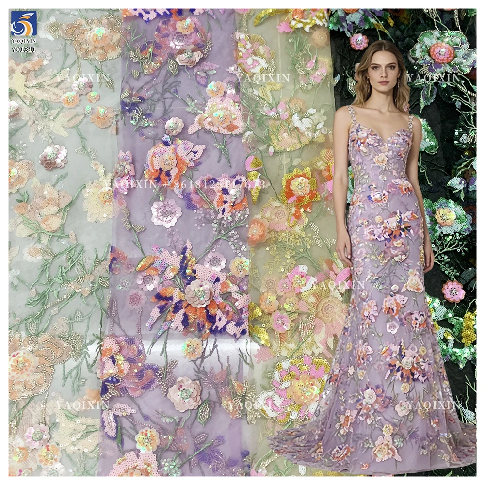 YX1311 Heavy Embroidery Pearls Sequins Lace Fabric Flowers Handmade Embroidered Lace Fabric Most Popular in Chinese 2026