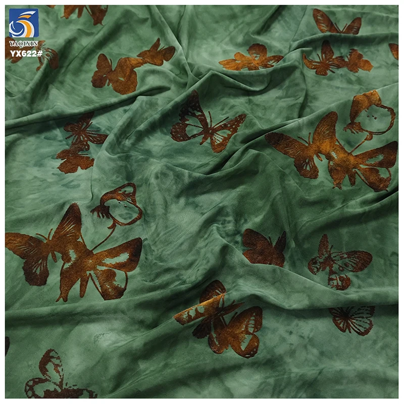 YX622 Dark Green Velvet Hand-Tied Dyed Flocked Butterfly Fabric Cheongsam Flocked Polyester Spandex Stretch Fabric - 图片 4
