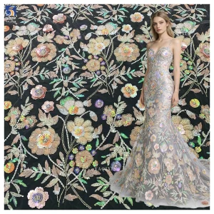 YX1319 New Life Fashion Spring 3D Sequin Embroidery Heavy Lace Mesh Tulle Fabric Noble and Luxurious French Style Lace Fabric