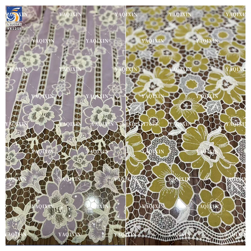 YX1258 2026 150gsm Hollow-Out Single-Sided Embroidery Fabric Chiffon White Water-Soluble Two-Color Embroidery Lace Fabric - 图片 3