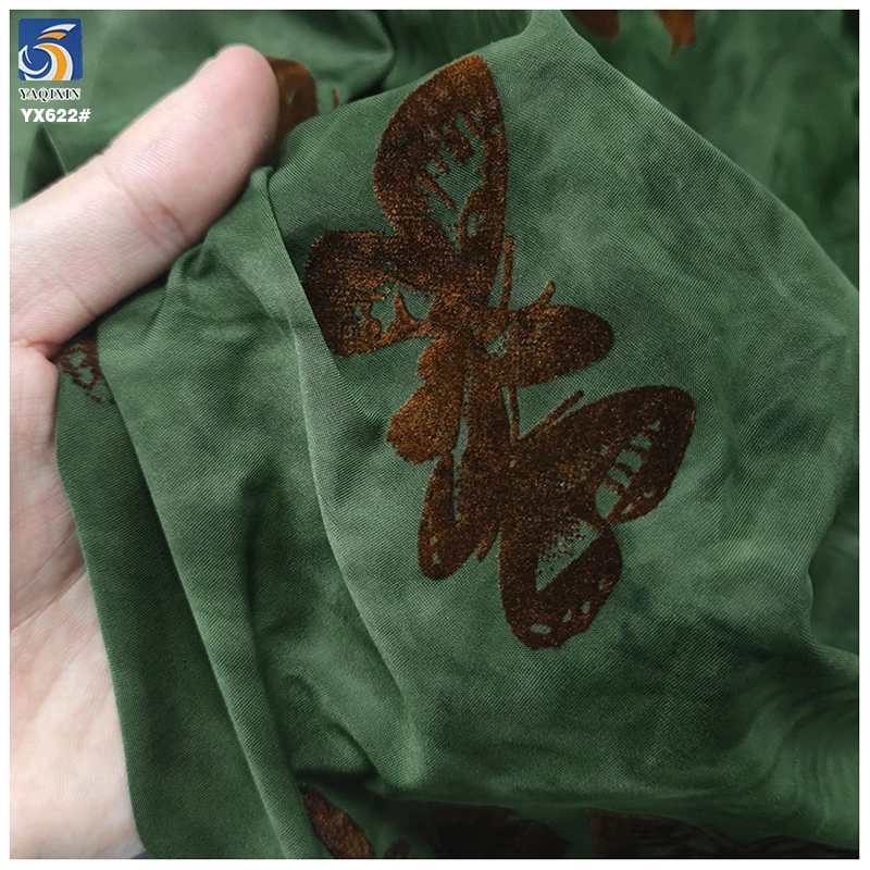 YX622 Dark Green Velvet Hand-Tied Dyed Flocked Butterfly Fabric Cheongsam Flocked Polyester Spandex Stretch Fabric - 图片 5