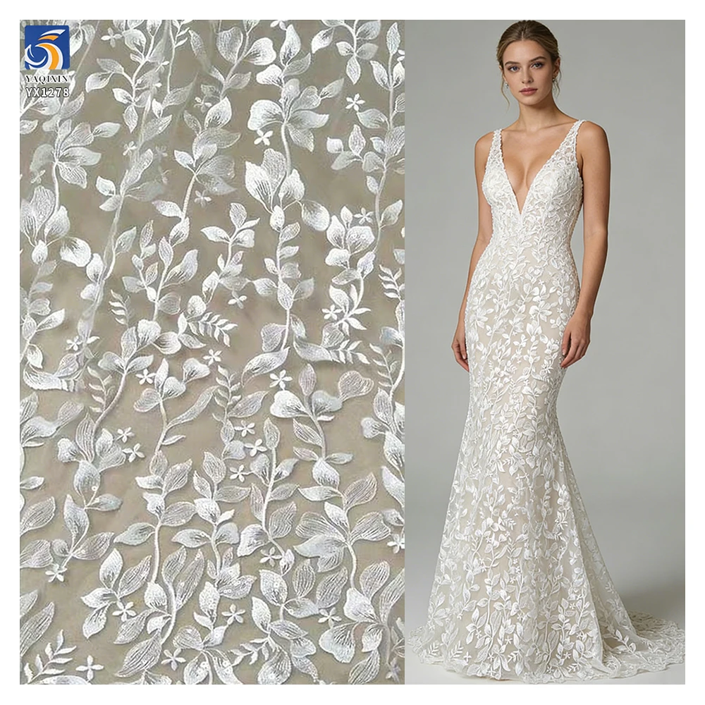 YX1278 10 Yards Low Price Cheap White Tulle Fabric Lace Water-Soluble Embroidery Leaf Pattern Lace Fabric for Chinese Brides