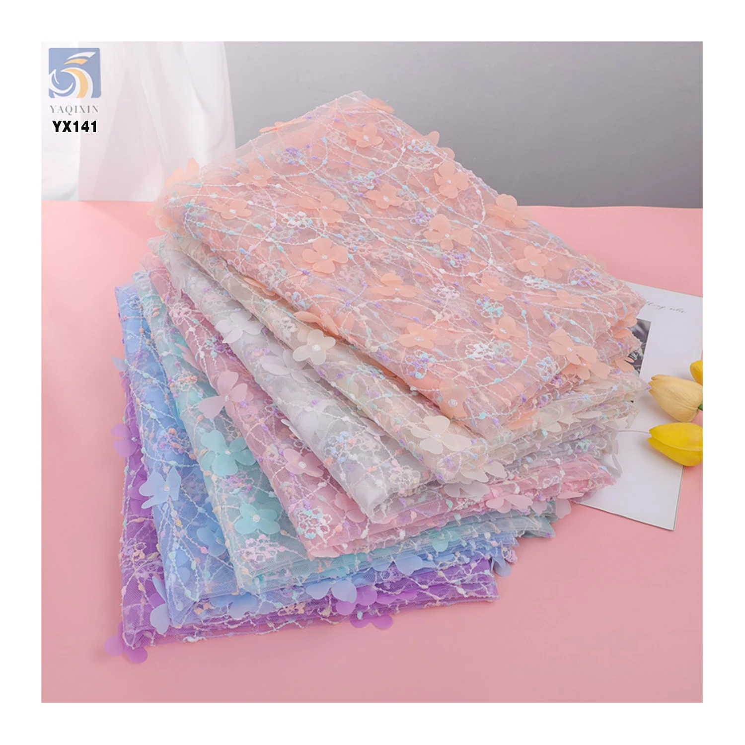 Cheap Embroidery Tulle New 3D Flower Lace Fabric Soft 3D Tulle Lace Flower Mesh Laser Embroidered Fabric - 图片 3