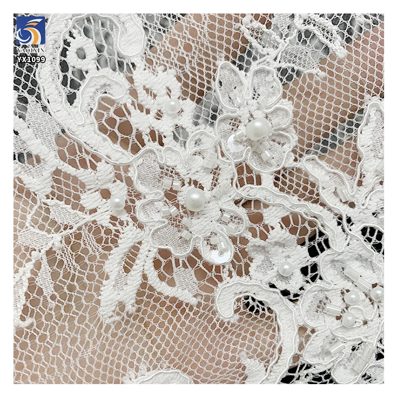 YX1099 Popular High Quality 3D Pearls Heavy Beaded Nigerian Lace Fabric 2026 Eyelash Lace Fabrics for White Nigerian Wedding - 图片 4