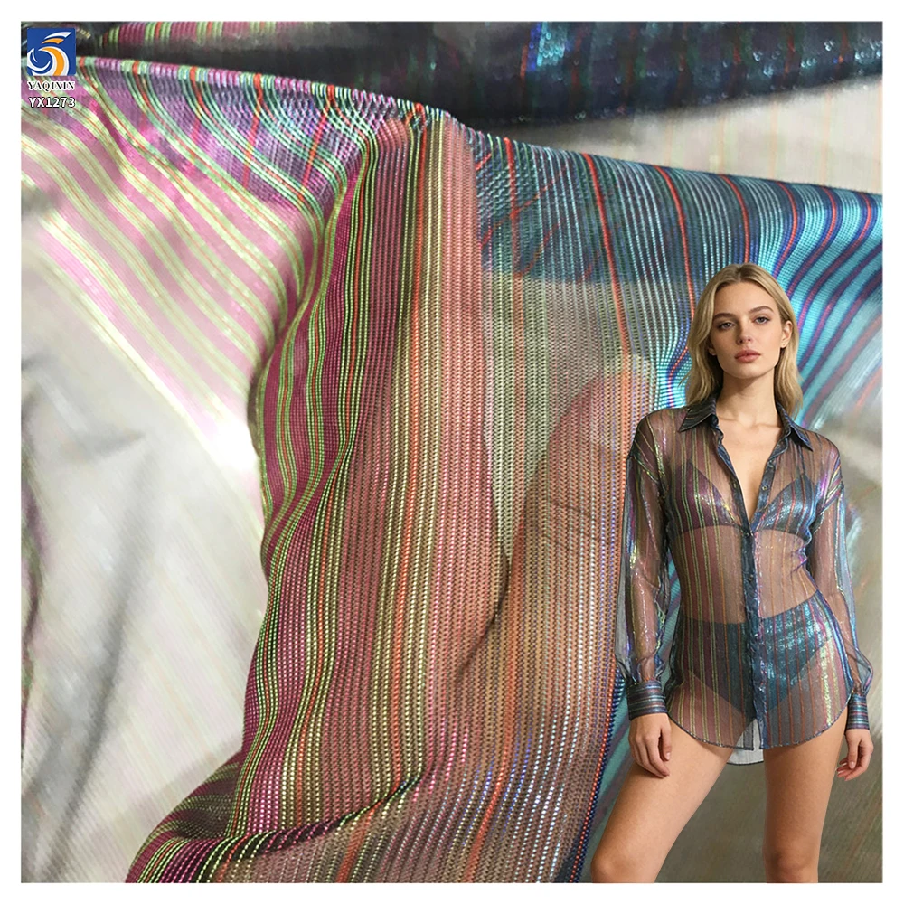 YX1273 New Fashion 1 Yard Polyester Knitted Laser Lurex Chiffon Thick Striped Fabric for Dance Color-Changing Costumes