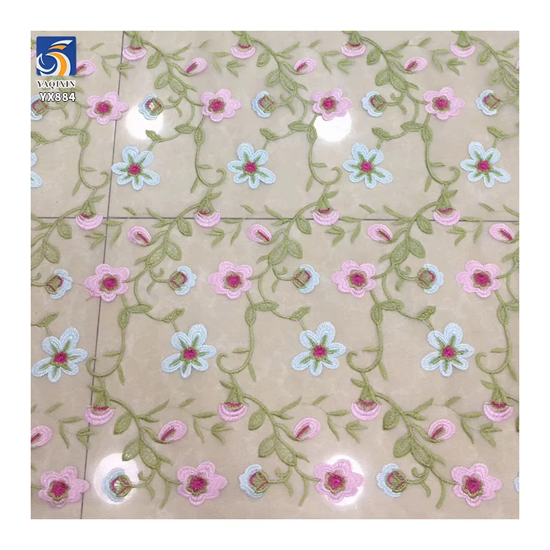 YX884 Fast Shipping Polyester Multi-color Morning Glory Embroidered Tulle Fabric Embroidery Floral Purple Mesh Fabric for Woman - 图片 3