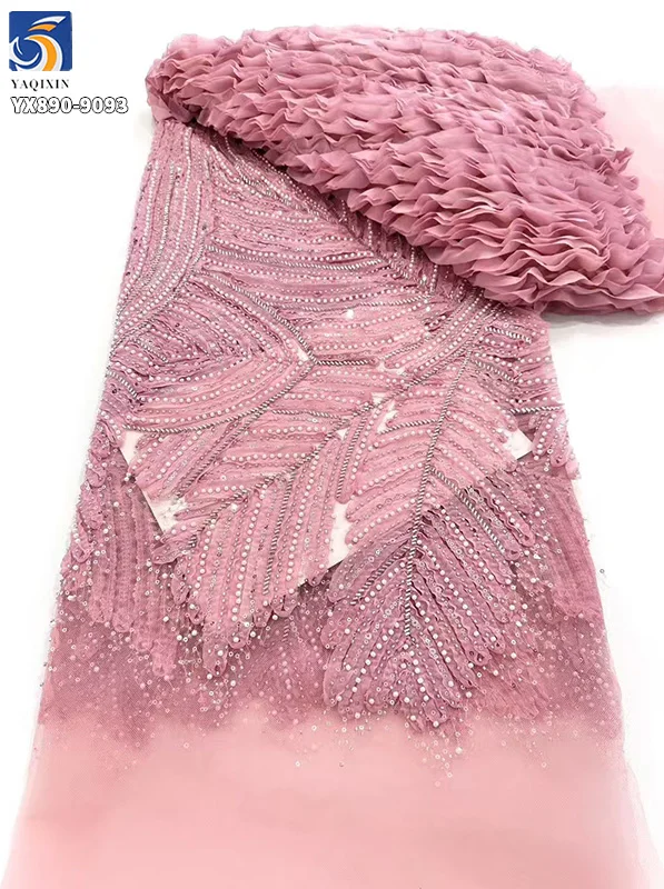 Hot Selling Elegant Sky Blue Mesh 3D Pleated Lace Fabric Handmade Beads French Lace Sequins Fabric for Wedding Party - 图片 5