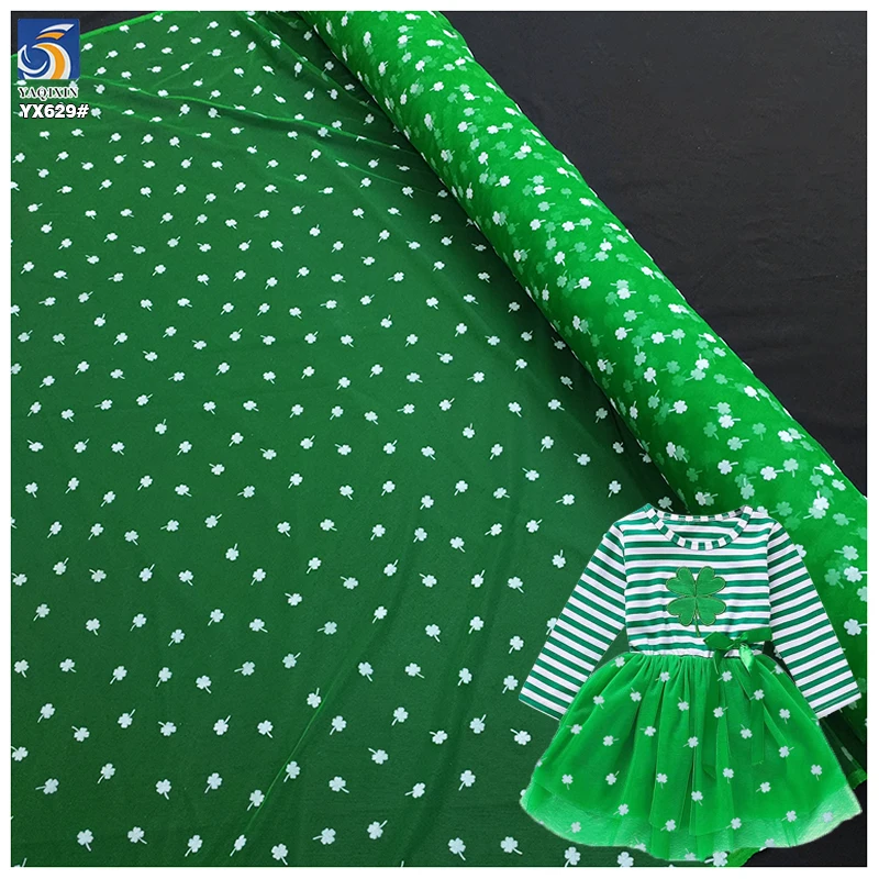 YX629Lucky Design Green Patricks Day Four-Leaf Clover Mesh Tulle Fabric Poly New Arrivals Arrival Flocking Mesh Fabric - 图片 6