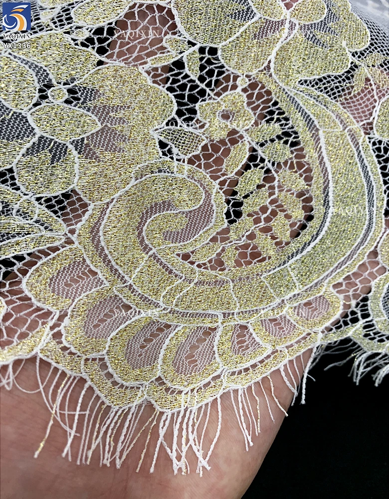 YX1336 3m*1.5m New Product Launch 2026 Eyelash Lace Fabric Gold Thread Mesh Tulle Lace Embroidered Fabric for Garment - 图片 5