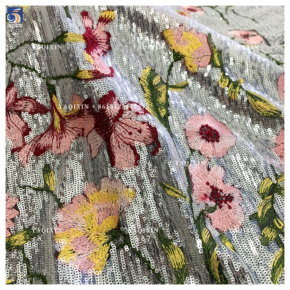 YX1228 Hot-Selling Popular Heavy-Duty Floral Embroidery Heavy Sequins Fabrics Sequin Dress Fabric for Fashion Clothing/Gown - 图片 6