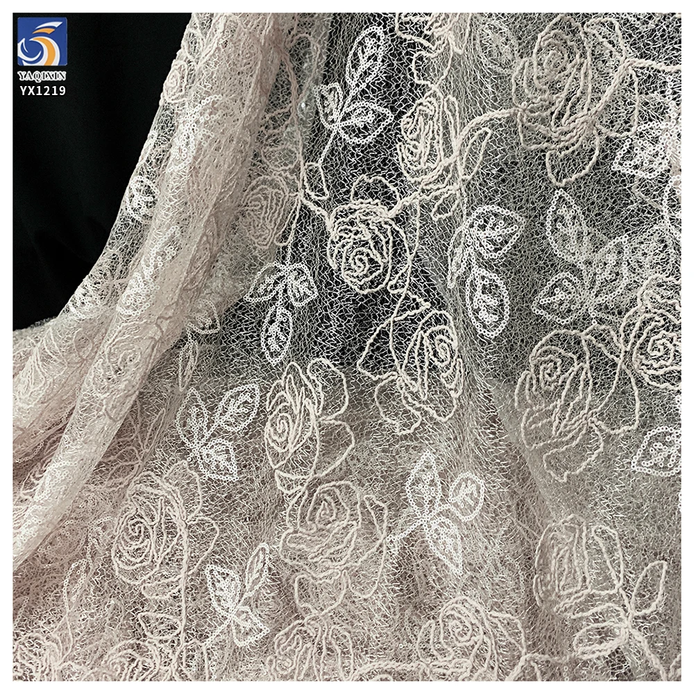 YX1219 2026 New Custom Light Pink Color Rose Embroidered Mesh Fabric Rope Embroidery Fabric 5 Yards for Girls' Clothing - 图片 5
