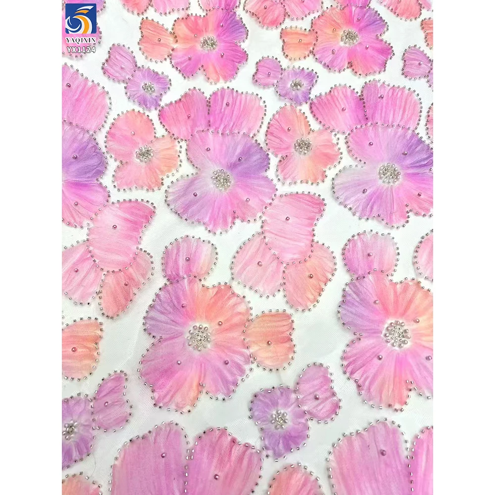YX1124 Colorful Florals Tulle Fabric 3D Flower Embroidery French Romantic Women's Dress Tulle Fabric With 3D Pearl Beads - 图片 3